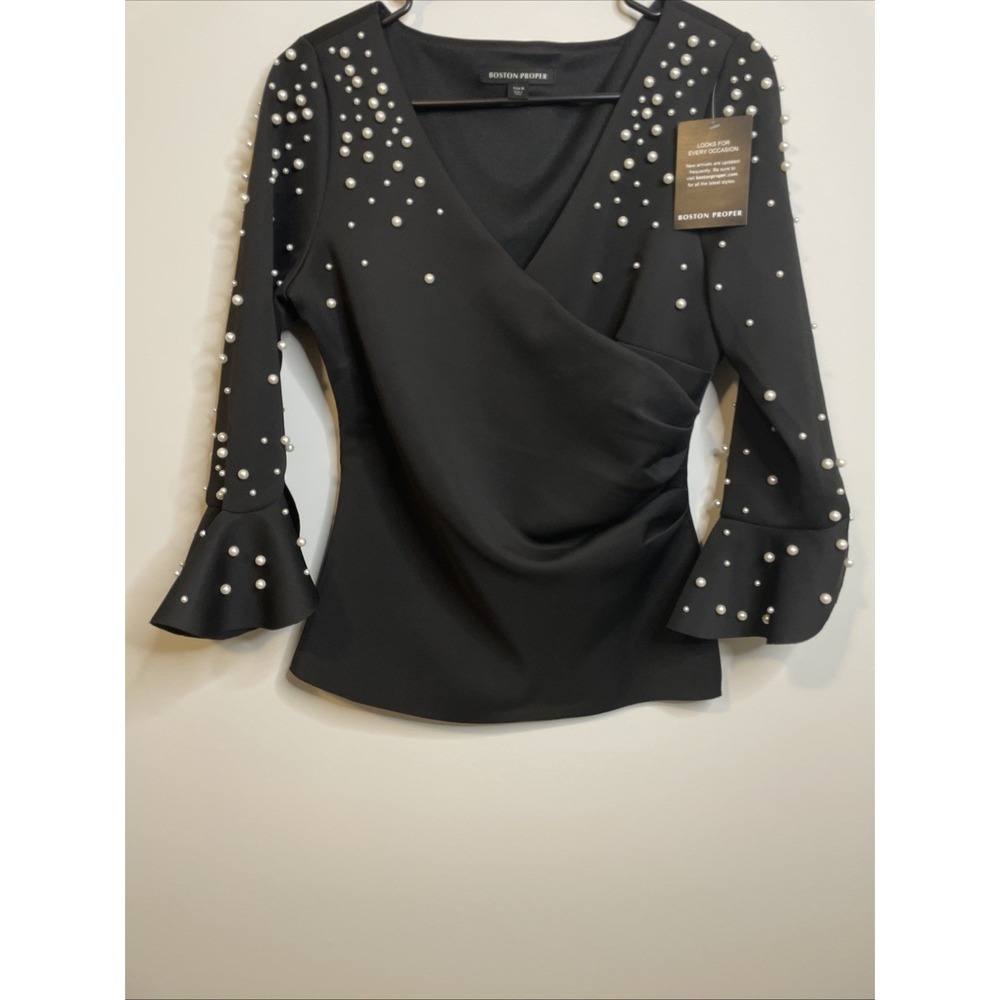 NWT Boston Proper Black Pearl Embellished Blouse Size 8 Bell Sleeves Babydoll
